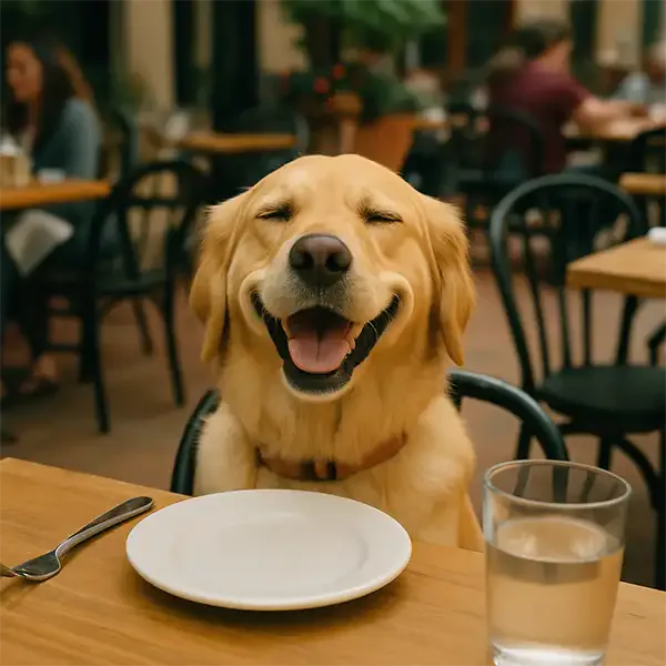 Dog sitting at a table in dog-friendly downtown Helen, Georgia