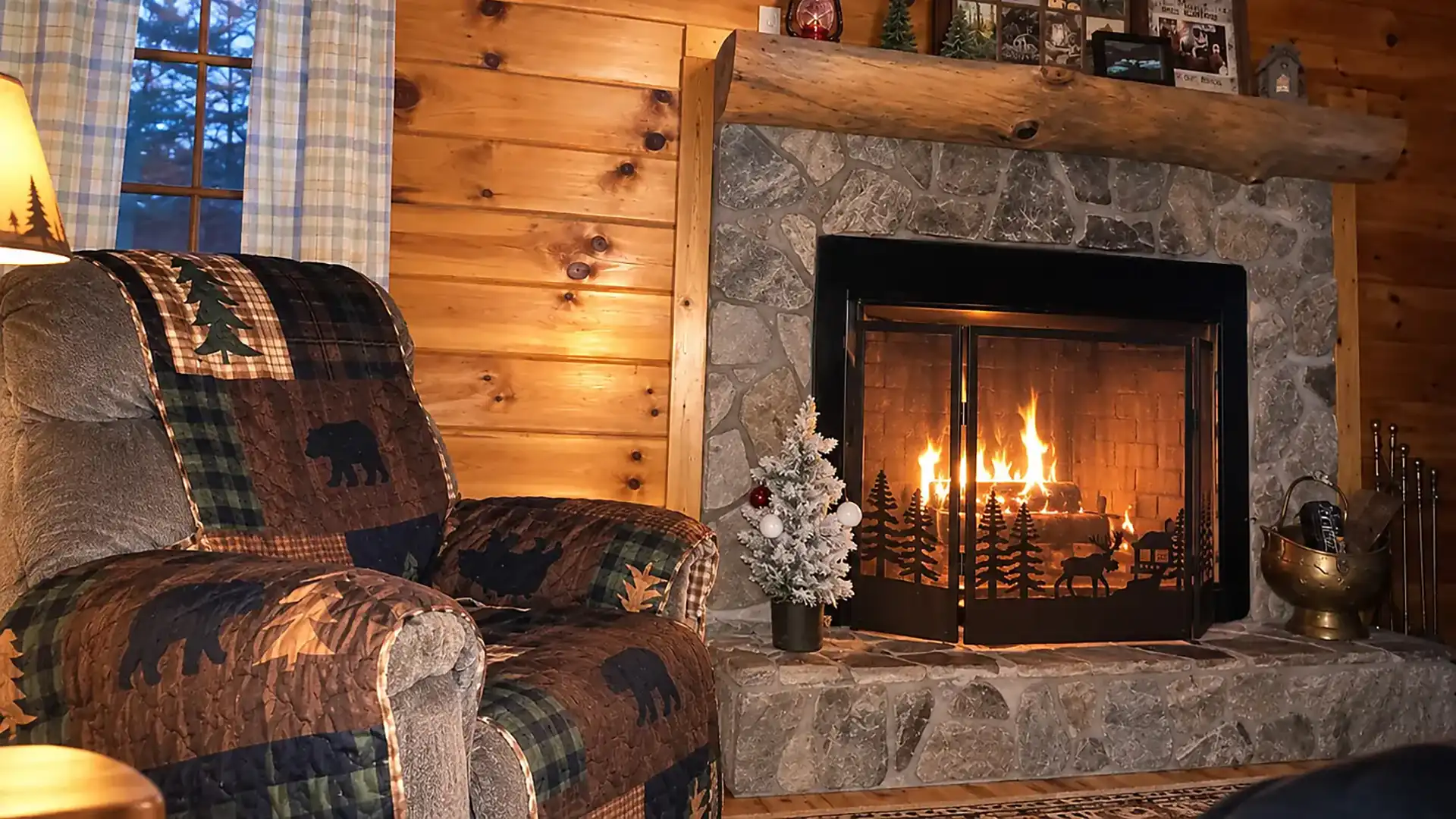 Wood-burning fireplace lit and glowing