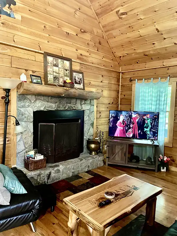Living room with fireplace in the cabin