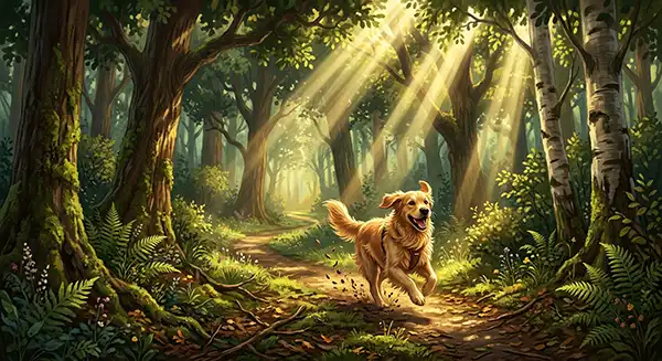 Golden retriever running joyfully along a sunlit forest path with rays filtering through trees.