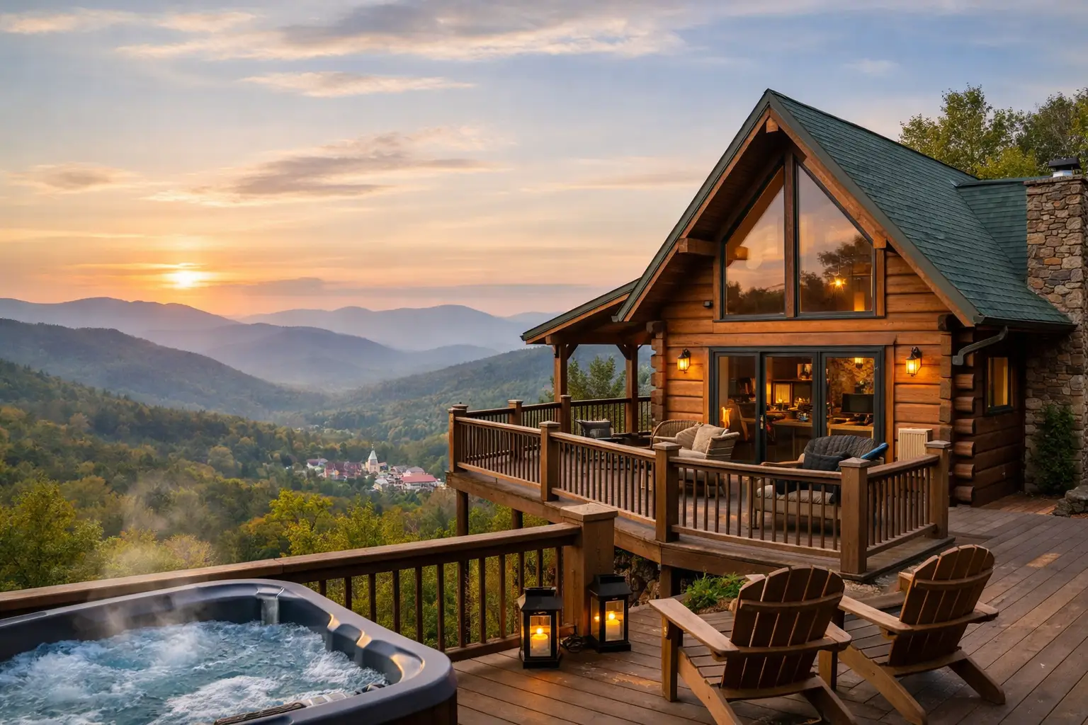 Wooden cabin on a hilltop with a spacious deck, warm lighting, and mountain vistas at sunset; a hot tub and lounge chairs nearby.