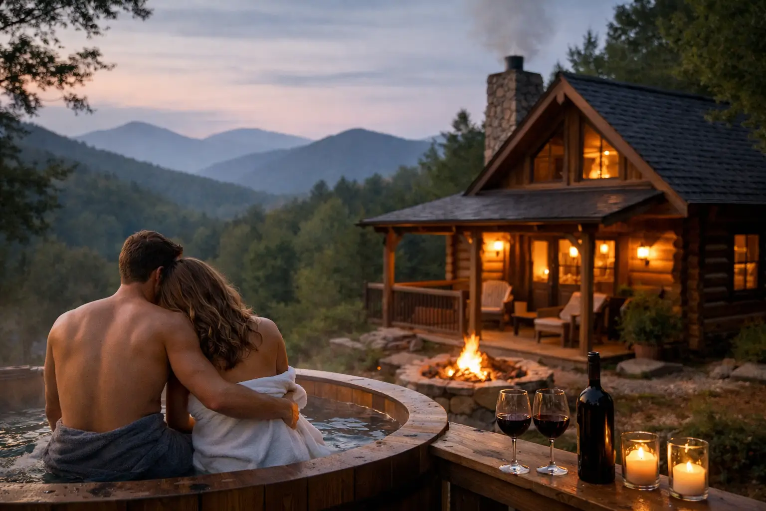 Couple relaxing in a wooden hot tub outside a rustic cabin at dusk with a fire pit nearby and wine glasses on the railing Romantic mountain retreat: couple in a hot tub on a deck, cabin glow, candles, and wine set nearby Cozy cabin getaway with a couple in the hot tub, warm lights, and a fire while mountains loom in the background Firelit porch of a log cabin with a couple in a tub, wine, and candles creating a romantic evening Couple in an outdoor spa tub on a cabin deck, overlooking forested mountains, with wine and candles nearby
