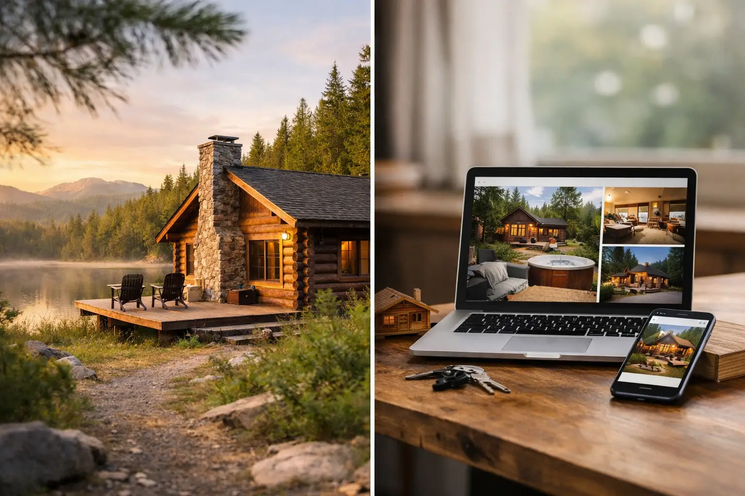 Cozy wooden cabin by a lake at sunset with a wooden deck and chairs. left pane shows tranquil forest scene.