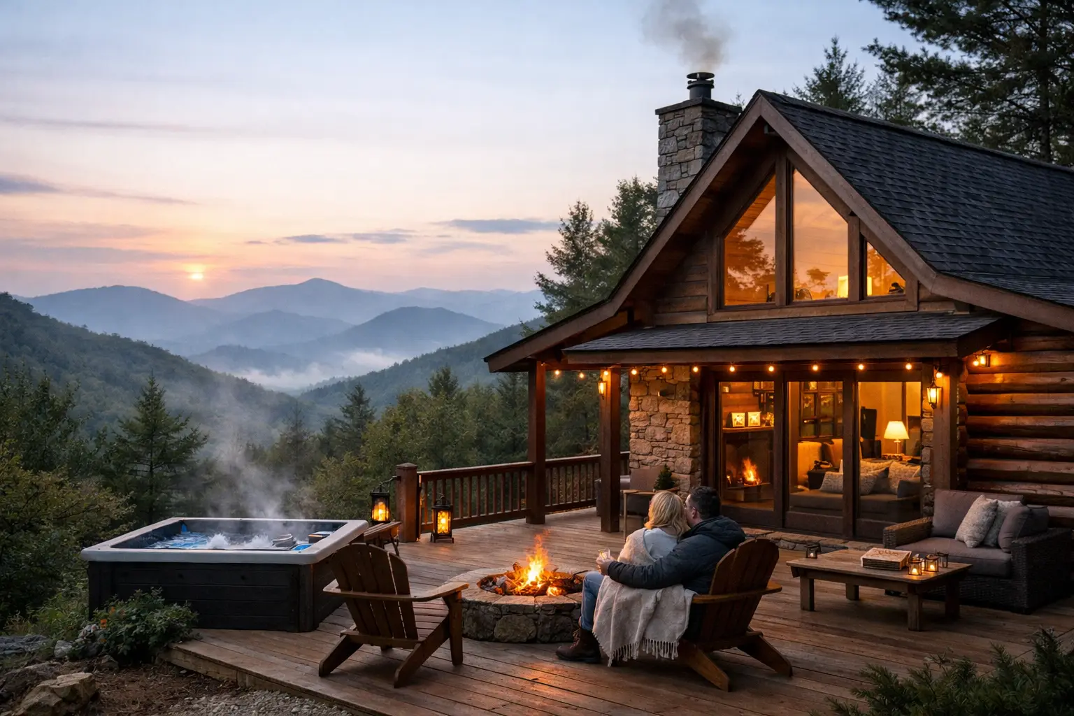Couple cuddled in wooden chairs by a fire pit on a cabin deck overlooking misty mountains at sunset with a hot tub nearby